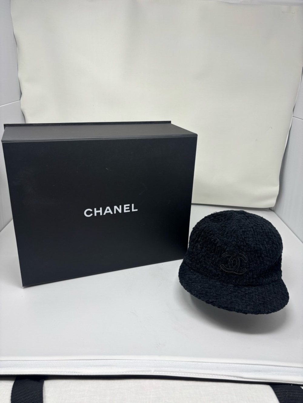 CHANEL Black Tweed Logo News/Baker Boy Style: lightly Worn with Box: rare large